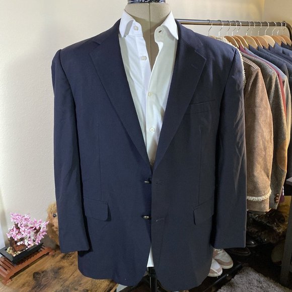 VTG JOS A BANK 100% WOOL Metal Buttons Suit Jacket Blazer Mens 42R Navy Preppy - Picture 2 of 11